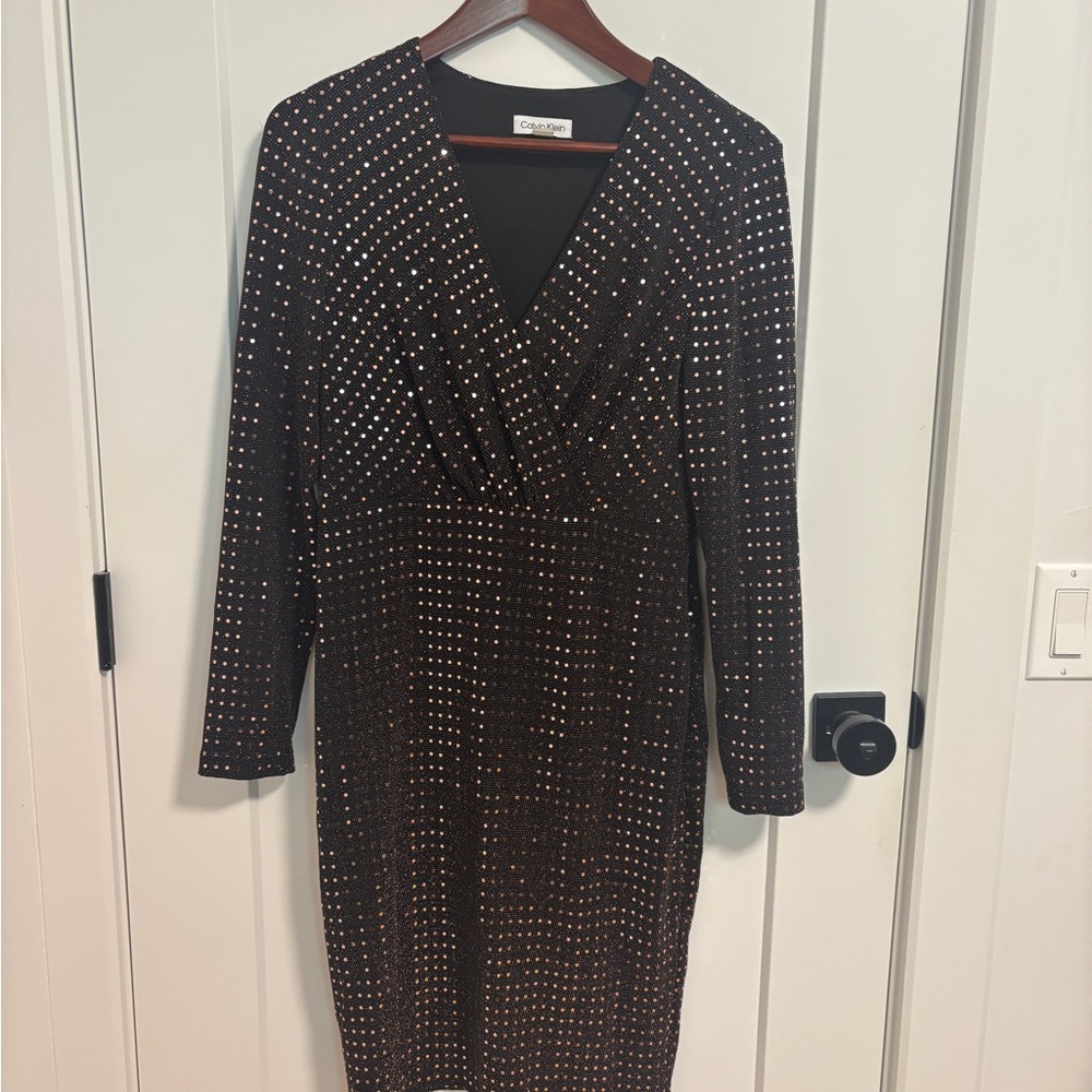 Calvin Klein Black and Gold Sequin Long Sleeve Dress